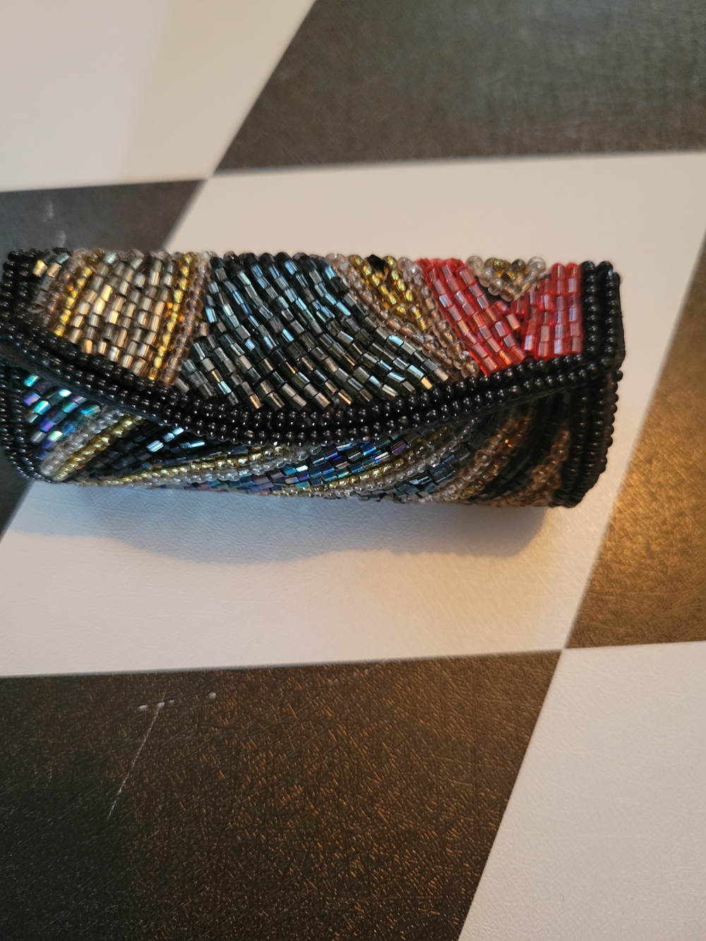 Vintage Beaded Multicolor lipstick case- Black Trim
